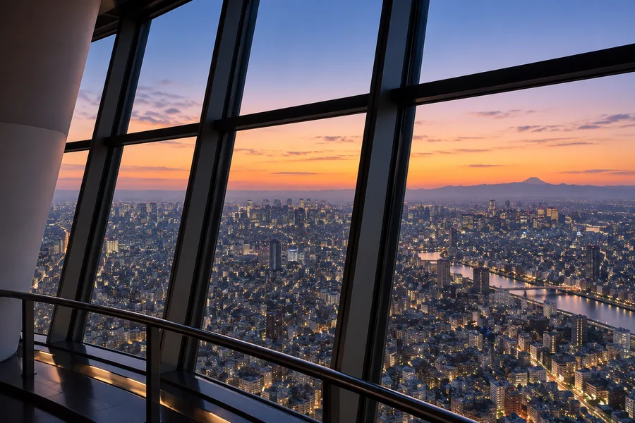 Il tramonto e le prime luci della città visti attraverso le vetrate del Tembo Deck