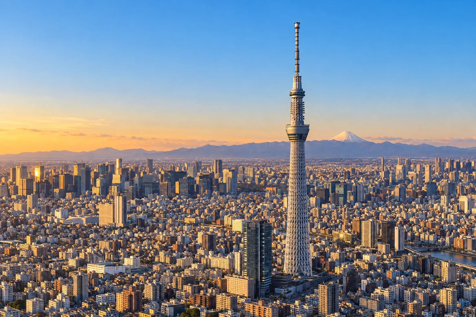 Tokyo Skytree und der ferne Fuji über Tokio im warmen Abendlicht