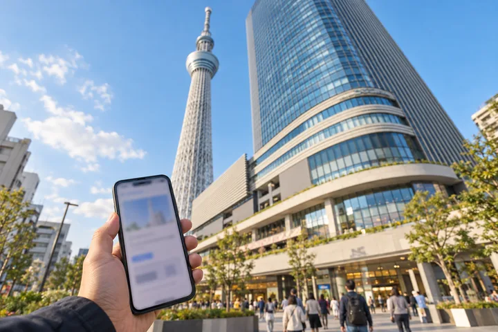 Un visitatore che consulta lo smartphone prima di entrare a Tokyo Skytree Town