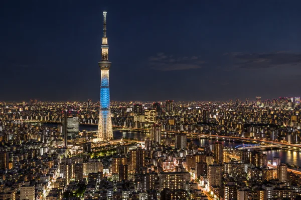 La Tokyo Skytree illuminata sopra Tokyo dopo il calare del sole